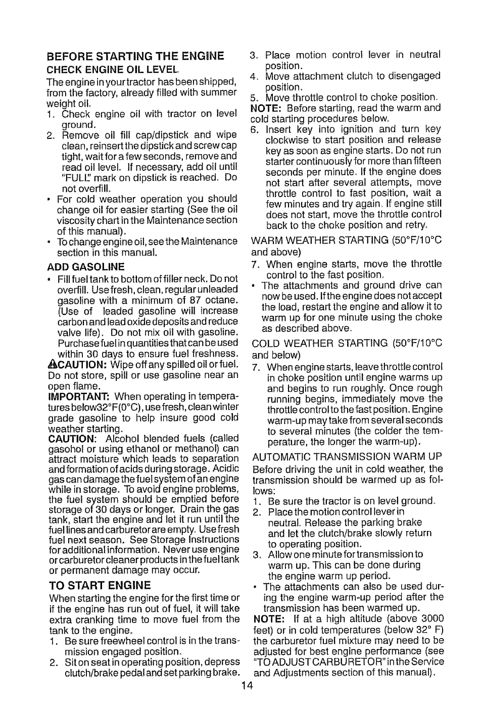 Before starting the engine check engine oil level, Add gasoline, To start engine | Craftsman 917.28914 User Manual | Page 14 / 64