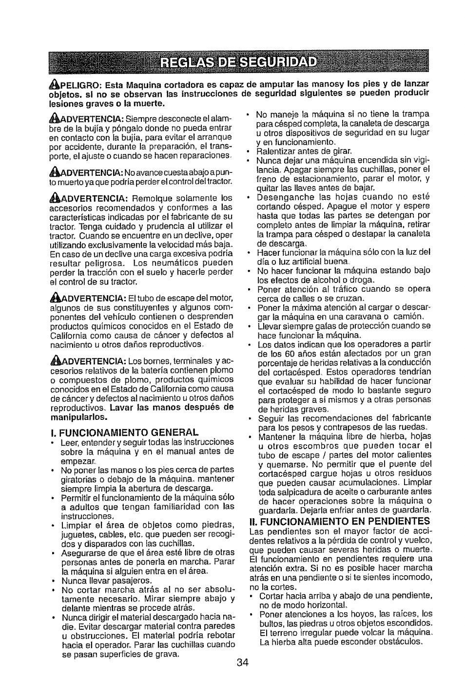 I. funcionamiento general, Funcionamiento en pendientes | Craftsman 917.28914 User Manual | Page 34 / 64