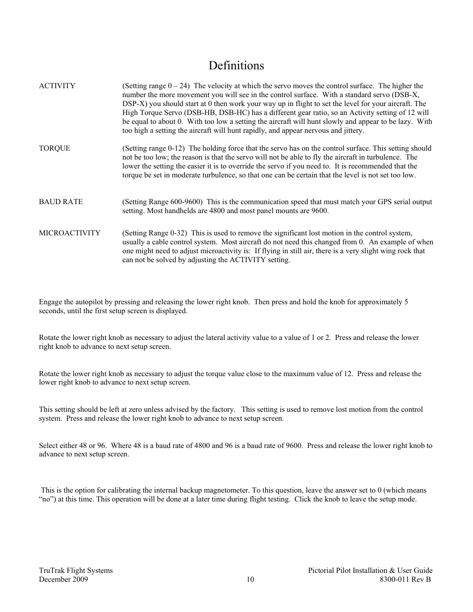 Pictorial pilot settings, Definitions | TruTrak Pictorial Pilot User Manual | Page 12 / 20