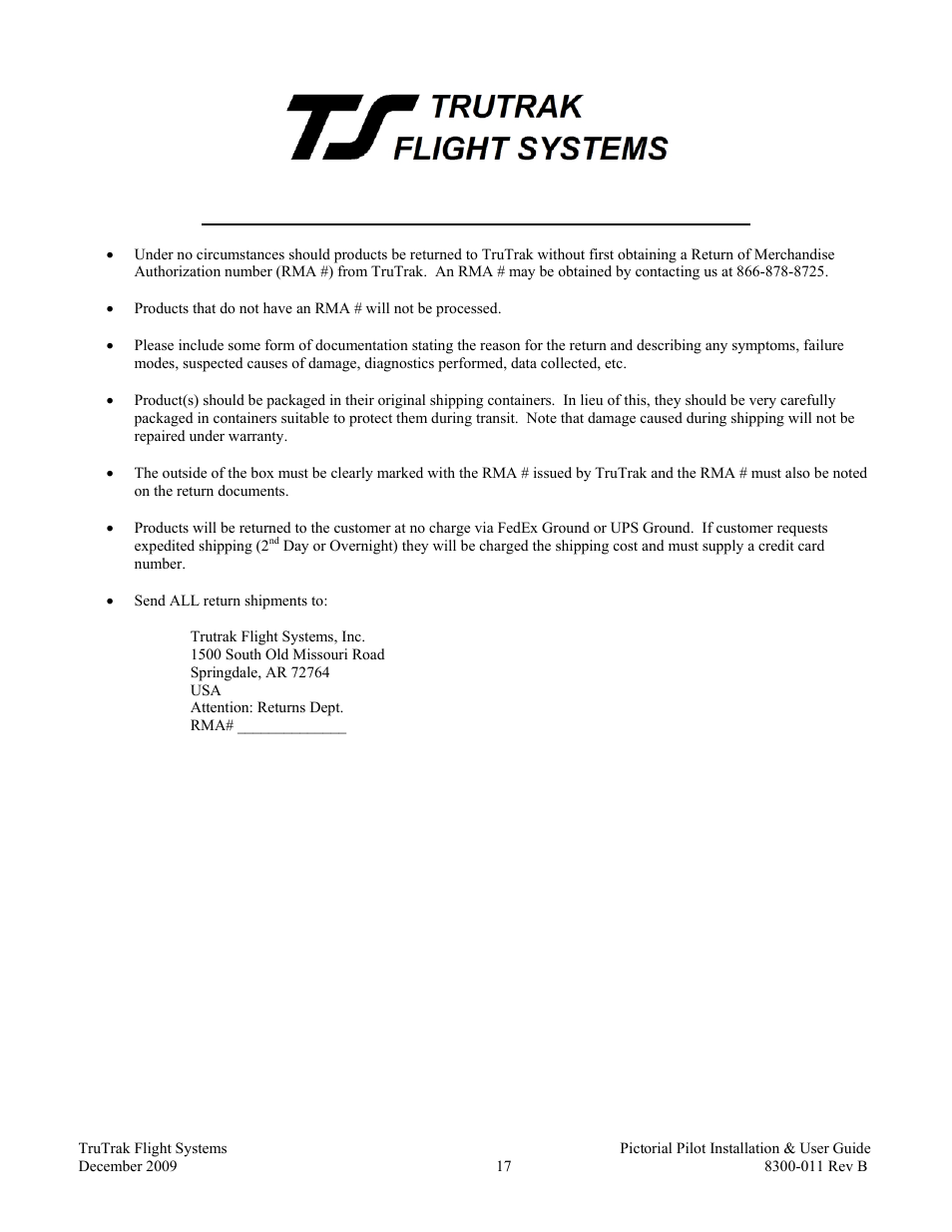 Return merchandise policy and procedure | TruTrak Pictorial Pilot User Manual | Page 19 / 20