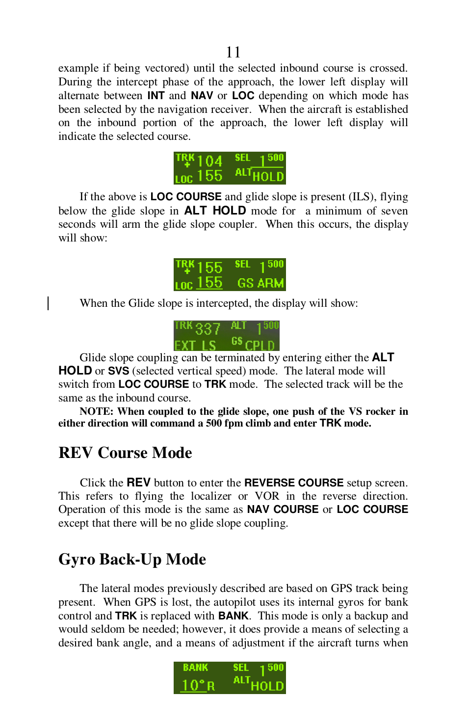 Rev course mode, Gyro back-up mode | TruTrak Sorcerer User Manual | Page 11 / 20