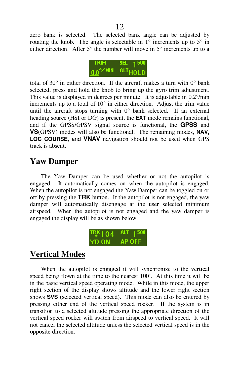 Yaw damper, Vertical modes | TruTrak Sorcerer User Manual | Page 12 / 20