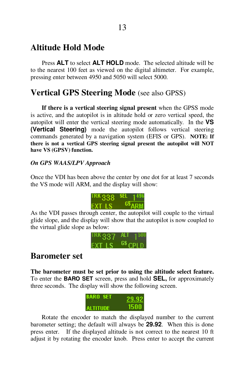 13 altitude hold mode, Vertical gps steering mode, Barometer set | TruTrak Sorcerer User Manual | Page 13 / 20