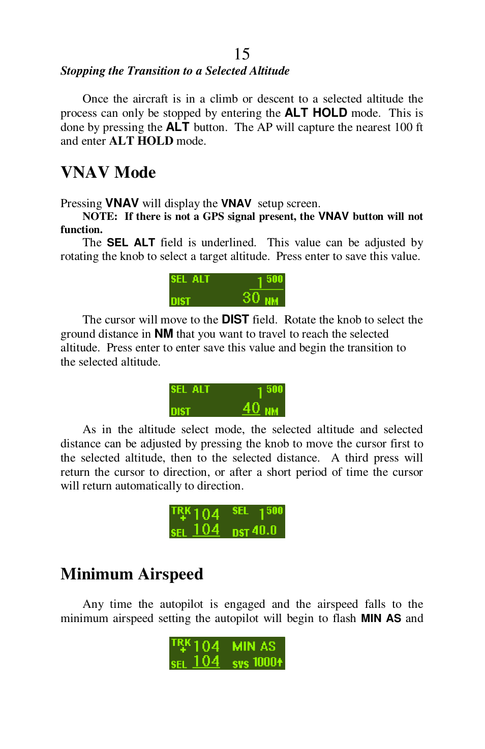 Vnav mode, Minimum airspeed | TruTrak Sorcerer User Manual | Page 15 / 20