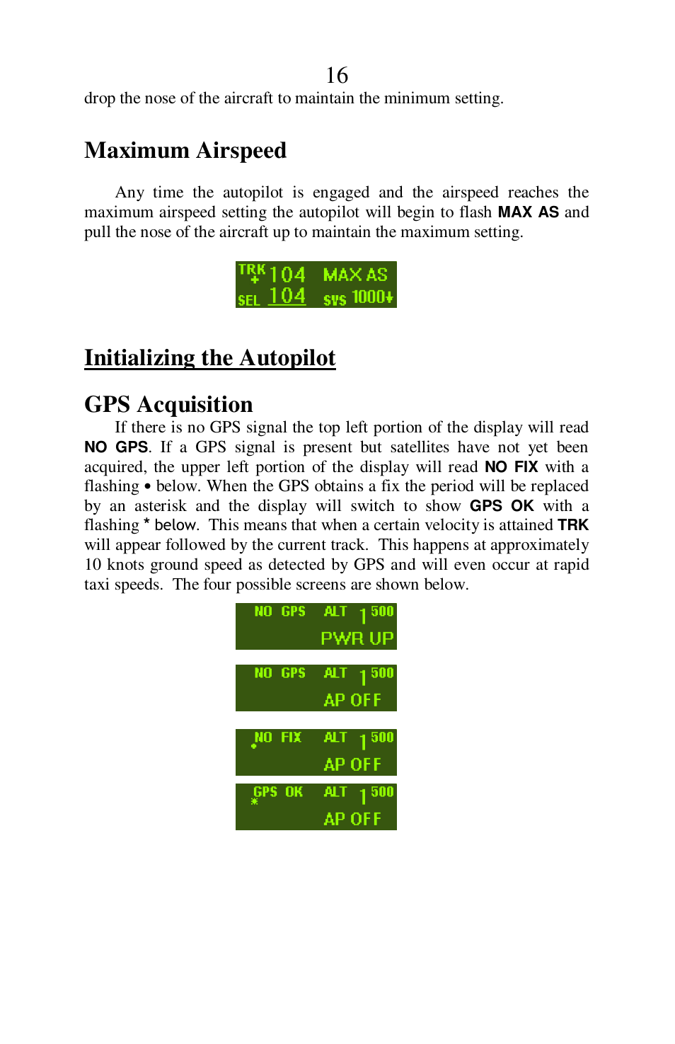 Maximum airspeed, Initializing the autopilot, Gps acquisition | TruTrak Sorcerer User Manual | Page 16 / 20