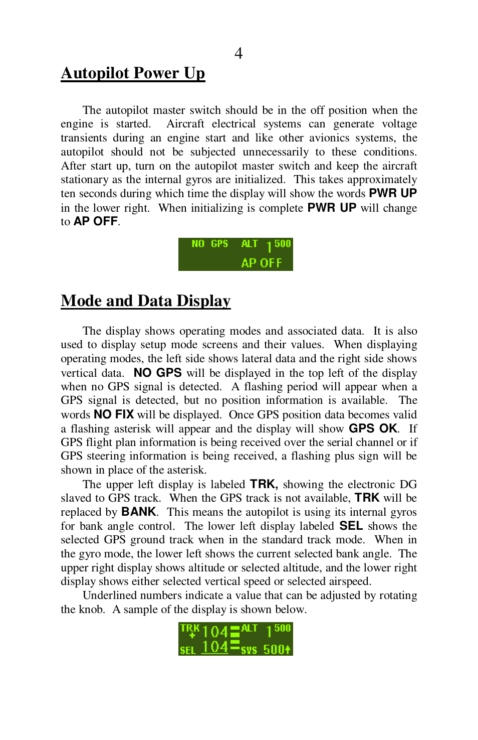 4autopilot power up, Mode and data display | TruTrak Sorcerer User Manual | Page 4 / 20