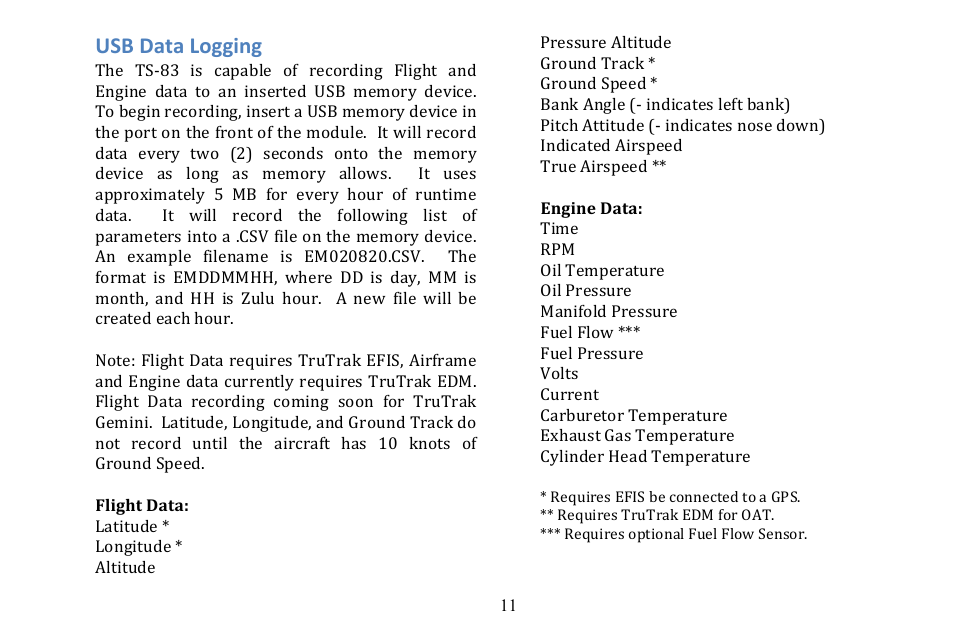 Usb data logging | TruTrak TS-83 Rev C User Manual | Page 11 / 20