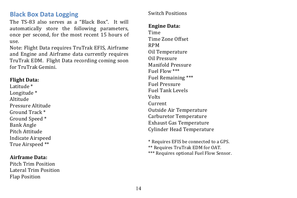 Black box data logging | TruTrak TS-83 Rev C User Manual | Page 14 / 20