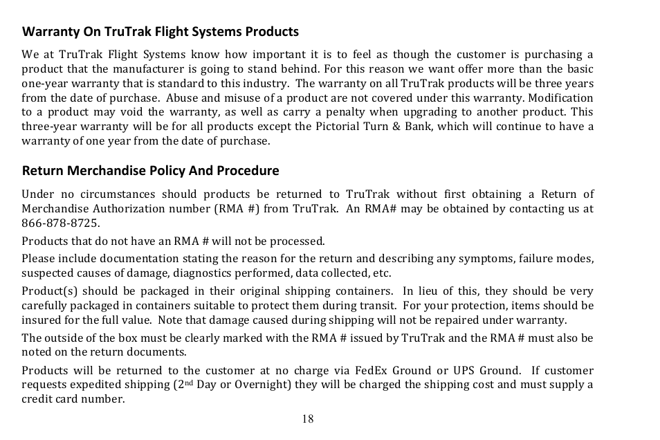 Warranty on trutrak flight systems products, Return merchandise policy and procedure | TruTrak TS-83 Rev C User Manual | Page 18 / 20