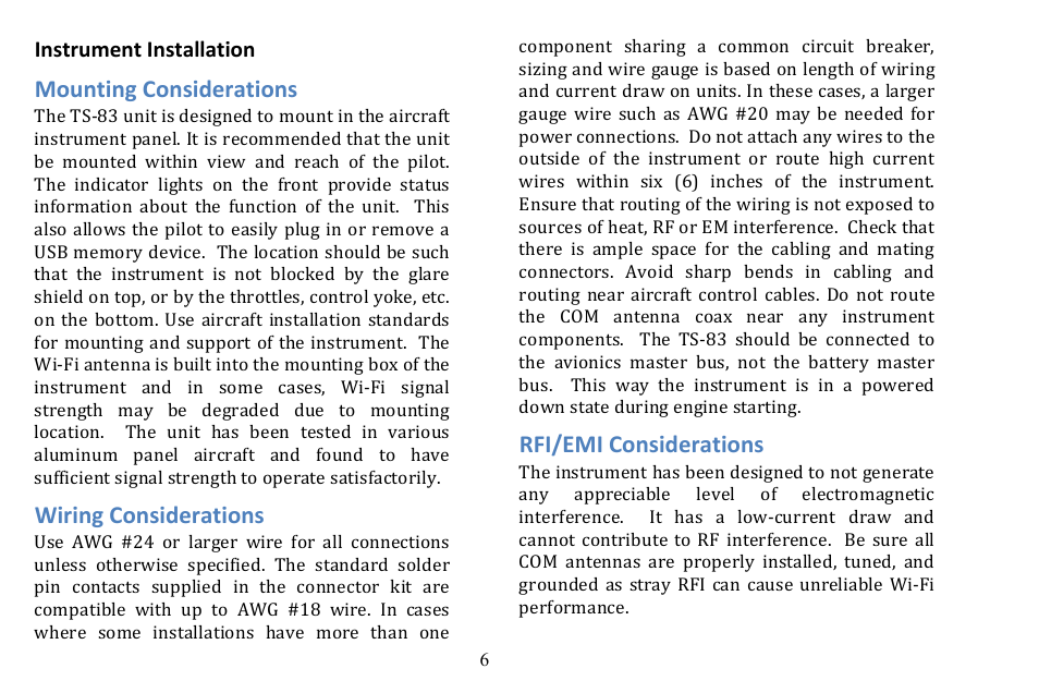 Mounting considerations, Wiring considerations, Rfi/emi considerations | TruTrak TS-83 Rev C User Manual | Page 6 / 20