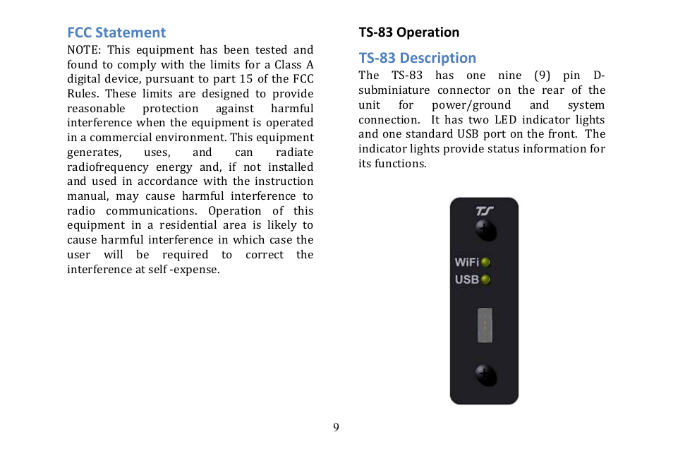 Fcc statement, Ts-­‐83 description | TruTrak TS-83 Rev C User Manual | Page 9 / 20