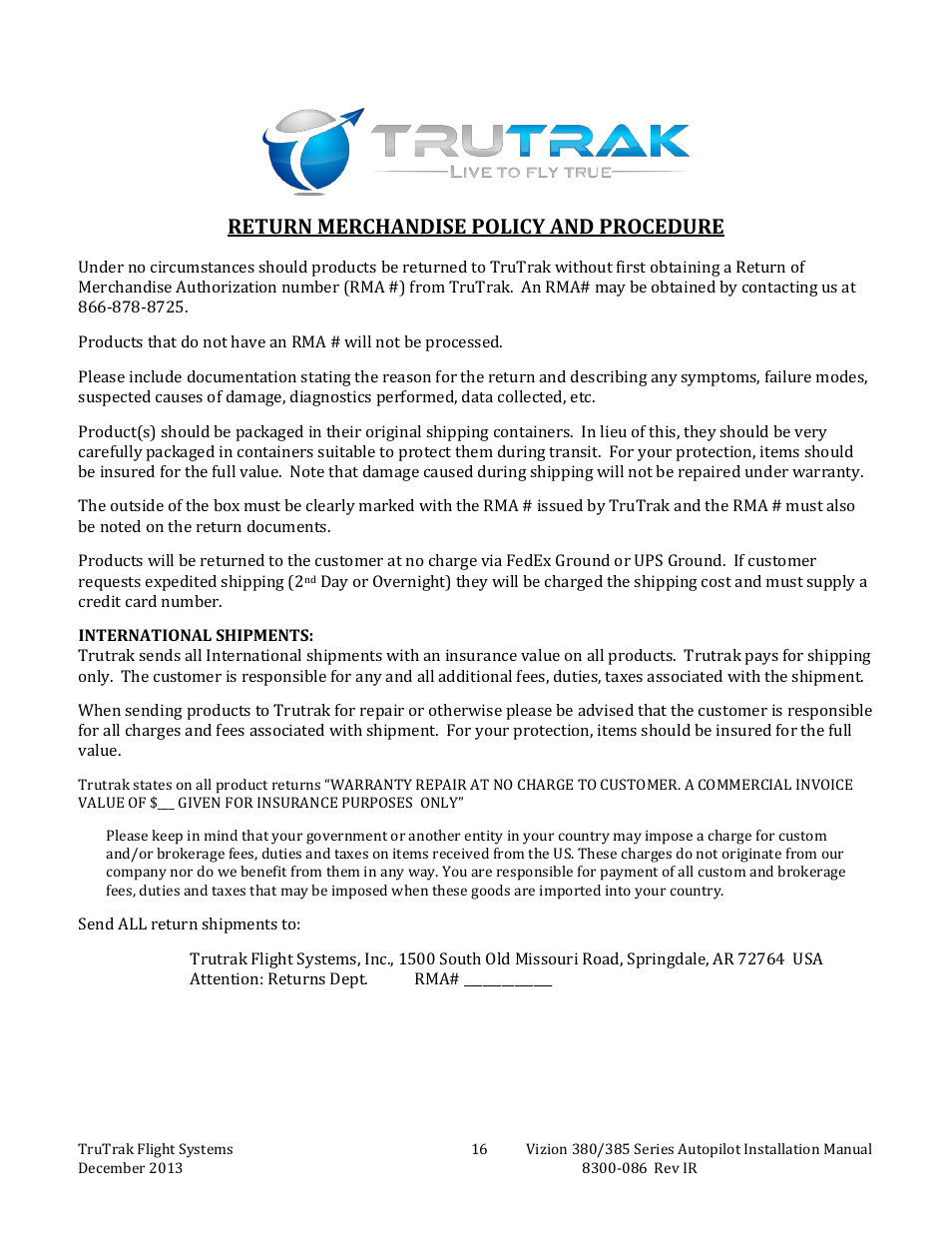 Return merchandise policy and procedure | TruTrak Vizion 380-385 Install manual User Manual | Page 18 / 20