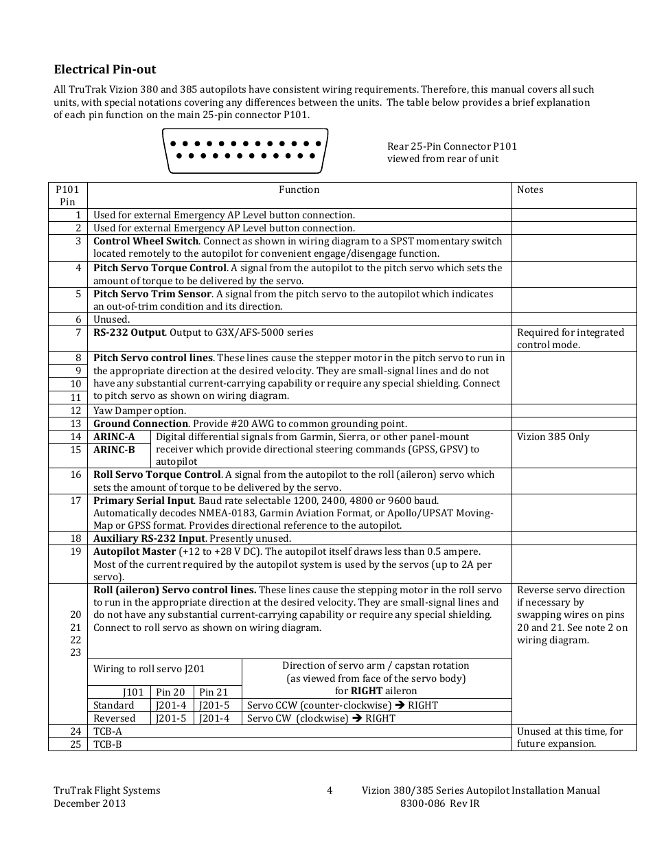 Electrical pin-out | TruTrak Vizion 380-385 Install manual User Manual | Page 6 / 20