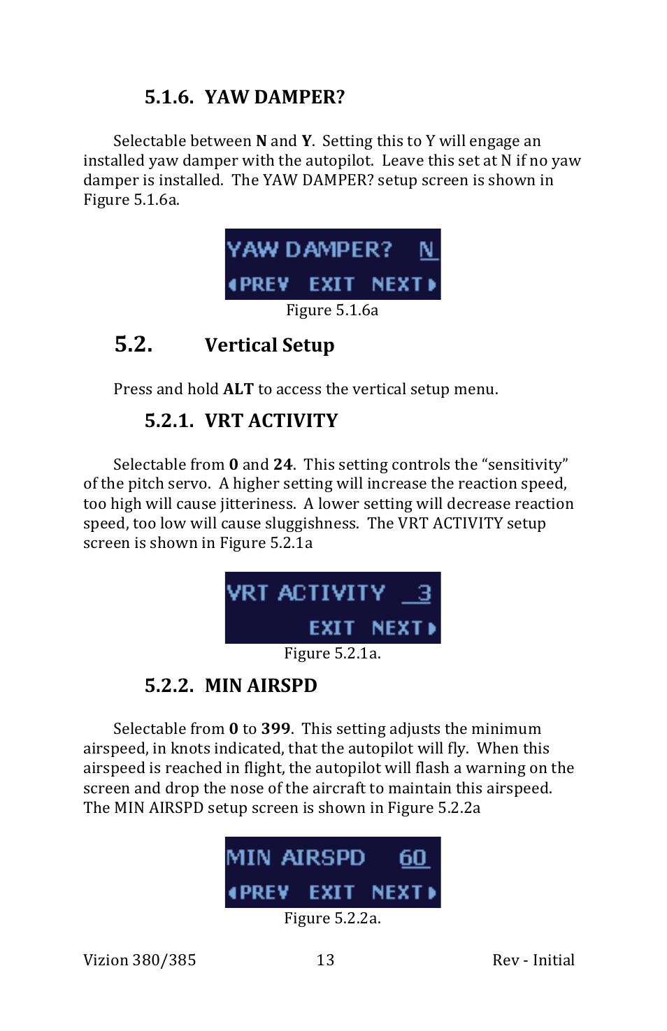 Yaw damper, Vertical setup, Vrt activity | Min airspd | TruTrak Vizion 380-385 Operation Manual User Manual | Page 13 / 48