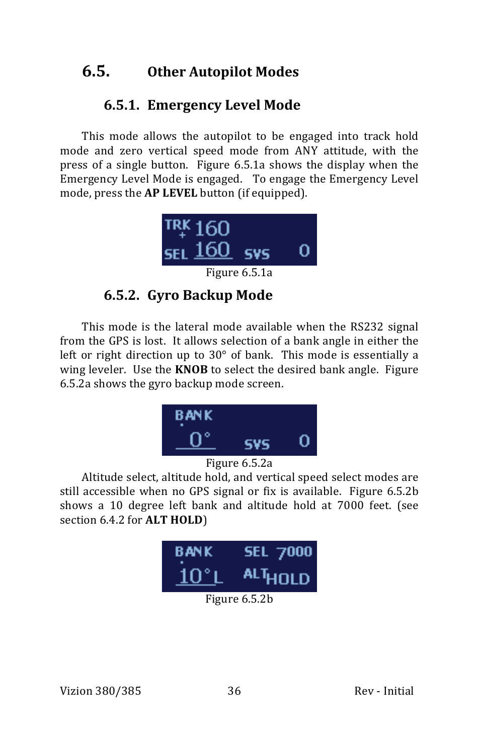 Other autopilot modes 6.5.1. emergency level mode, Gyro backup mode | TruTrak Vizion 380-385 Operation Manual User Manual | Page 36 / 48