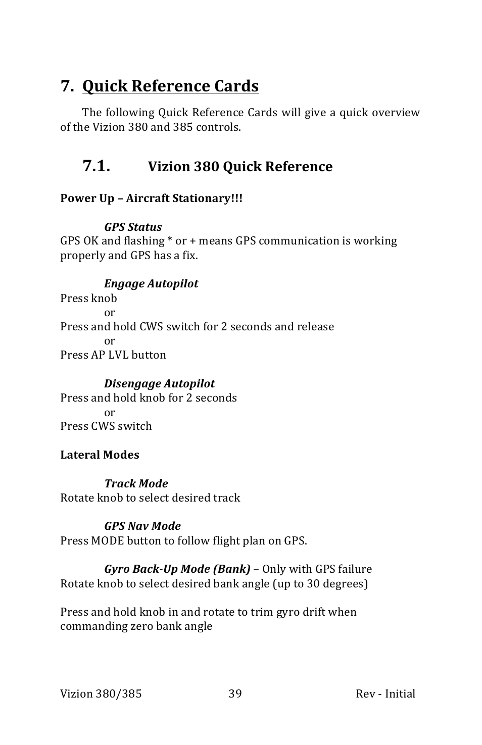 Quick reference cards, Vizion 380 quick reference | TruTrak Vizion 380-385 Operation Manual User Manual | Page 39 / 48