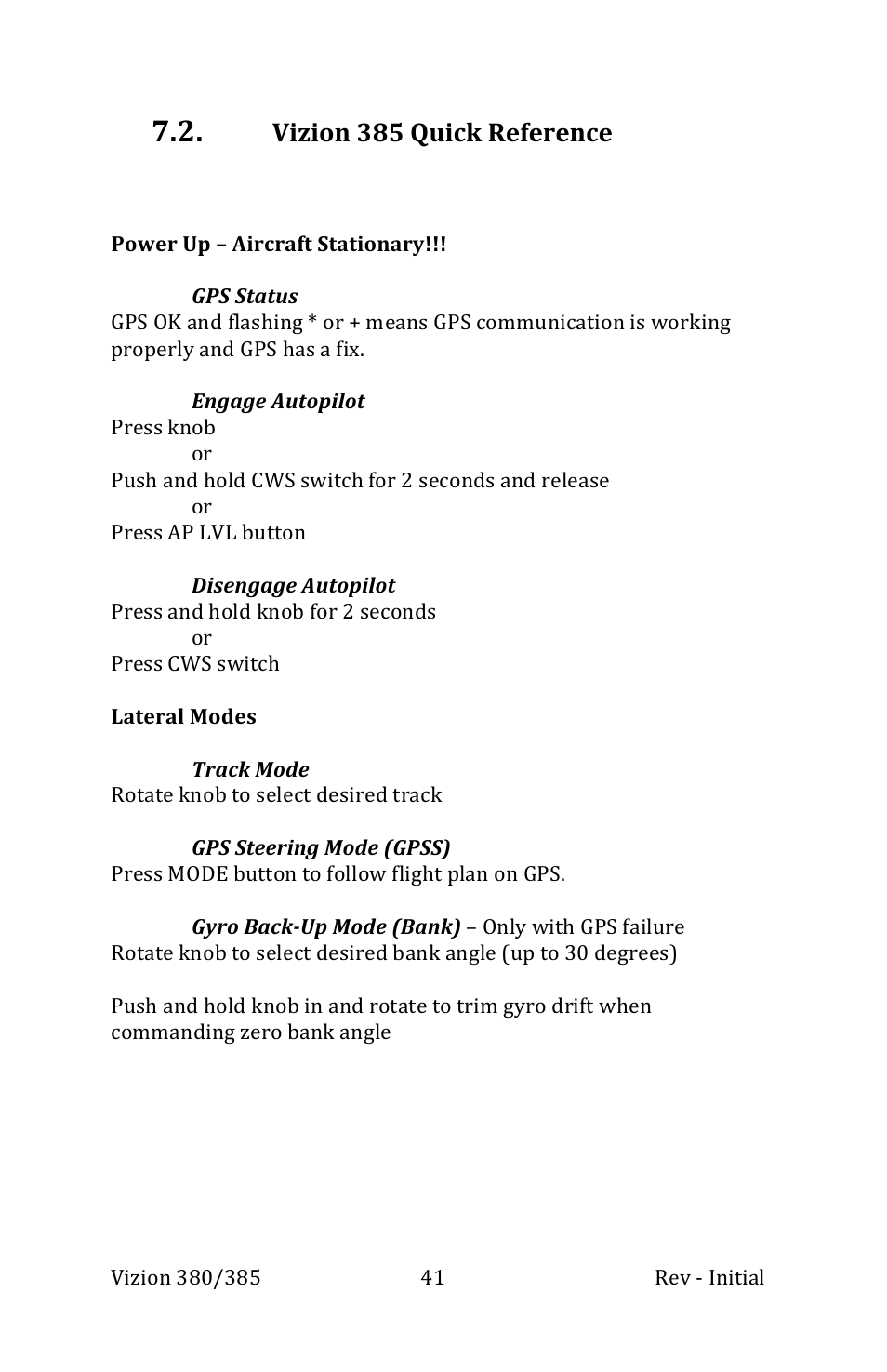 Vizion 385 quick reference | TruTrak Vizion 380-385 Operation Manual User Manual | Page 41 / 48