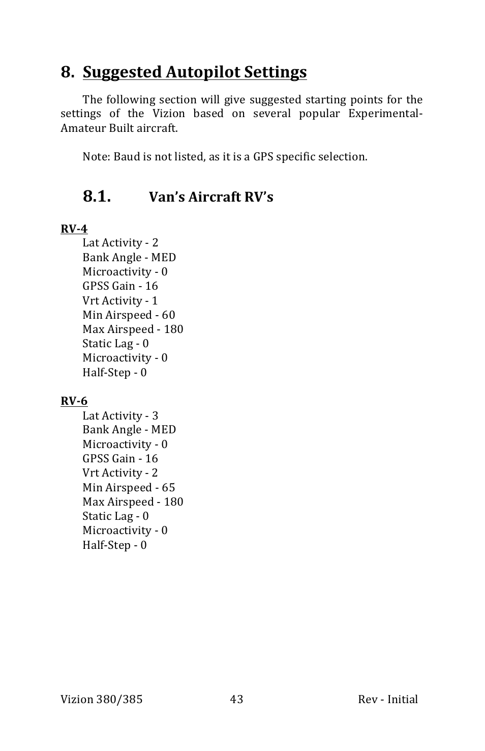 Suggested autopilot settings, Van’s aircraft rv’s | TruTrak Vizion 380-385 Operation Manual User Manual | Page 43 / 48