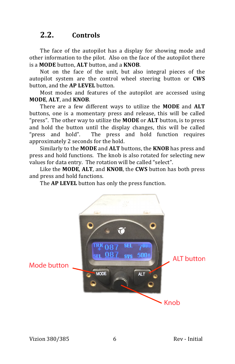 Controls | TruTrak Vizion 380-385 Operation Manual User Manual | Page 6 / 48