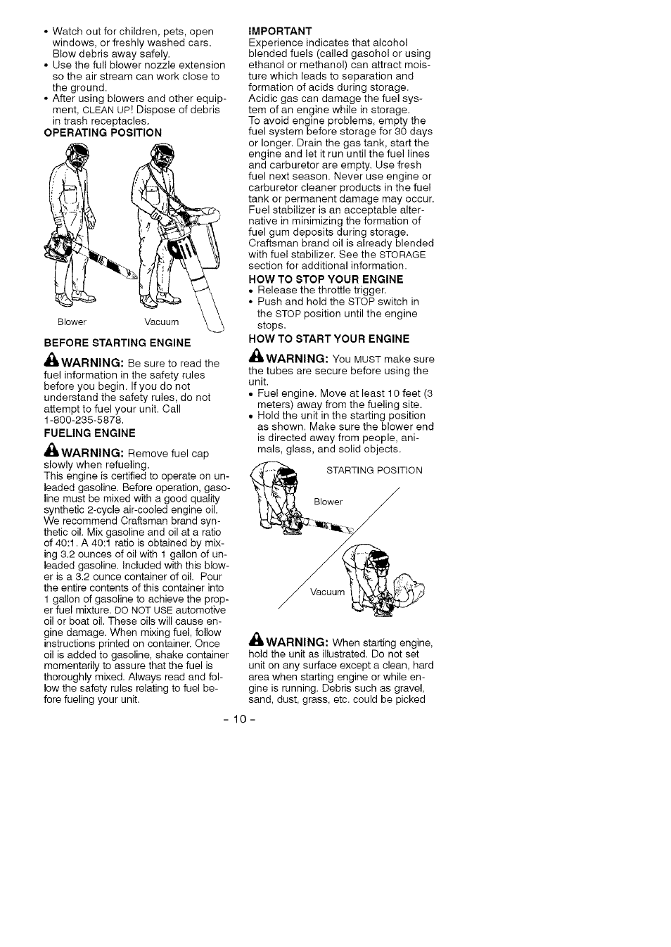 Operating position, Before starting engine, Fueling engine | Important, How to stop your engine, How to start your engine | Craftsman 358.794740 User Manual | Page 10 / 40