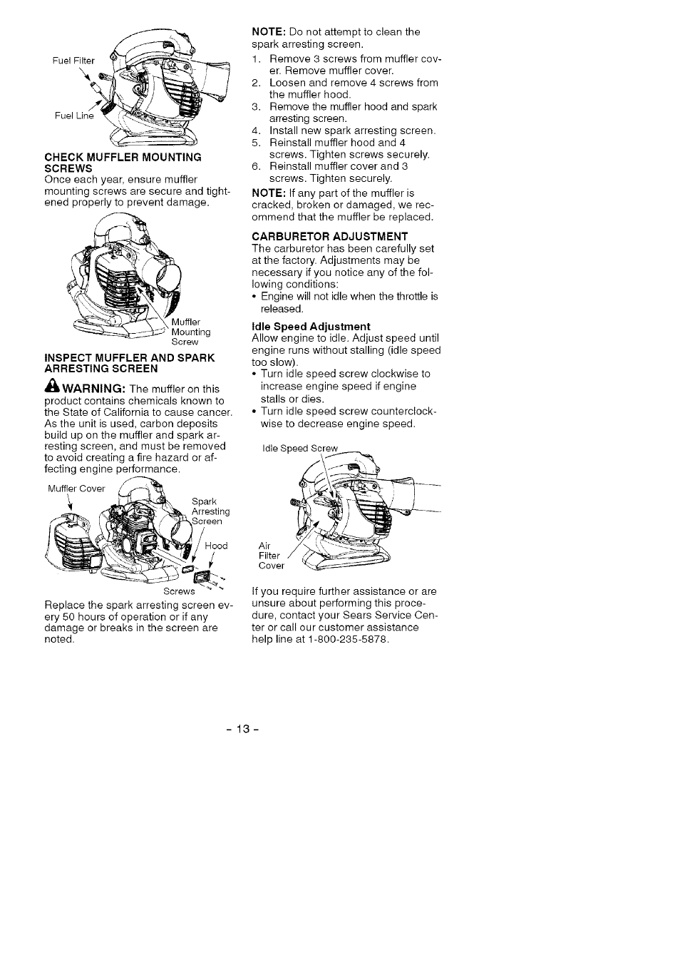 Inspect muffler and spark arresting screen, Carburetor adjustment | Craftsman 358.794740 User Manual | Page 13 / 40