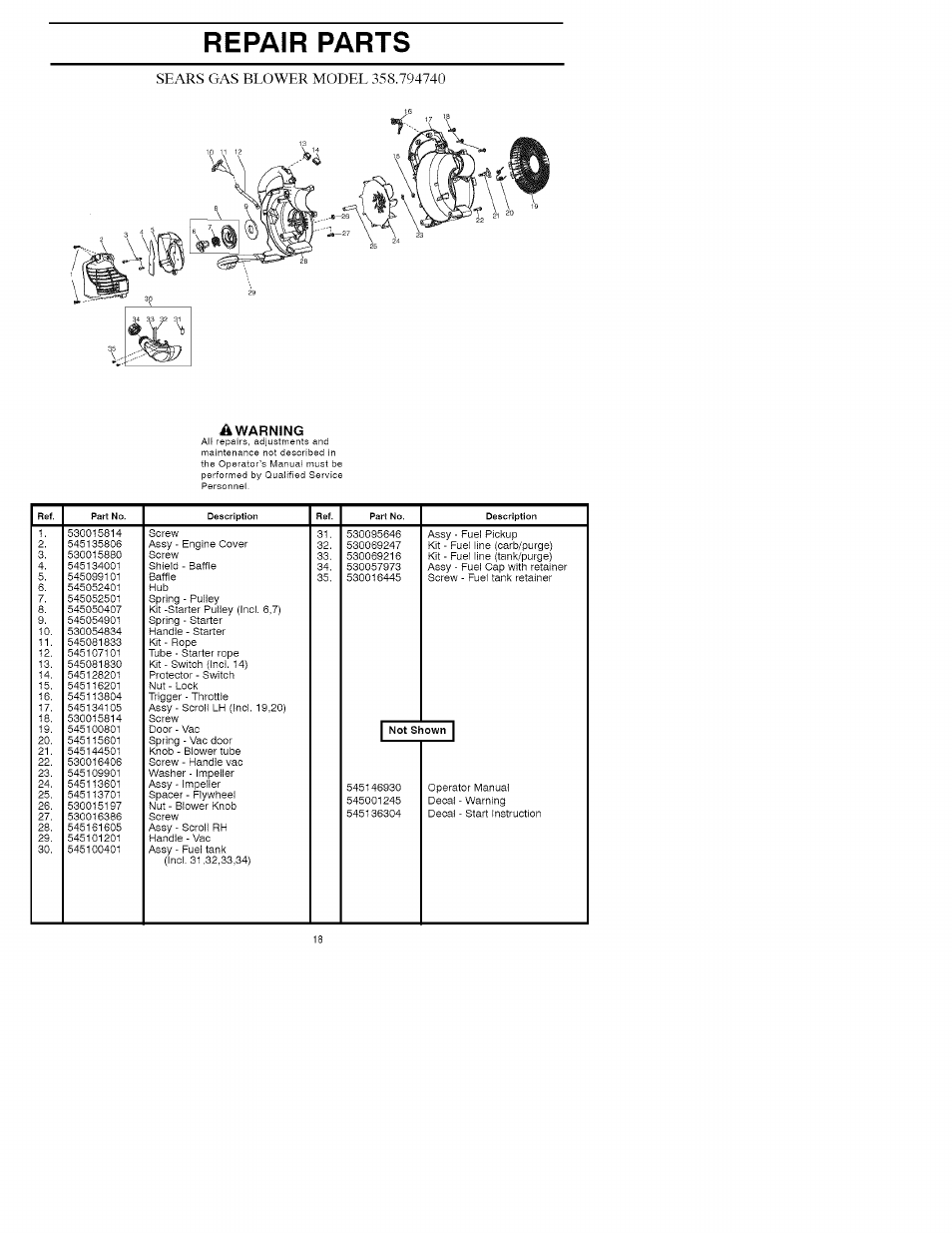 A warning, Repair parts | Craftsman 358.794740 User Manual | Page 18 / 40