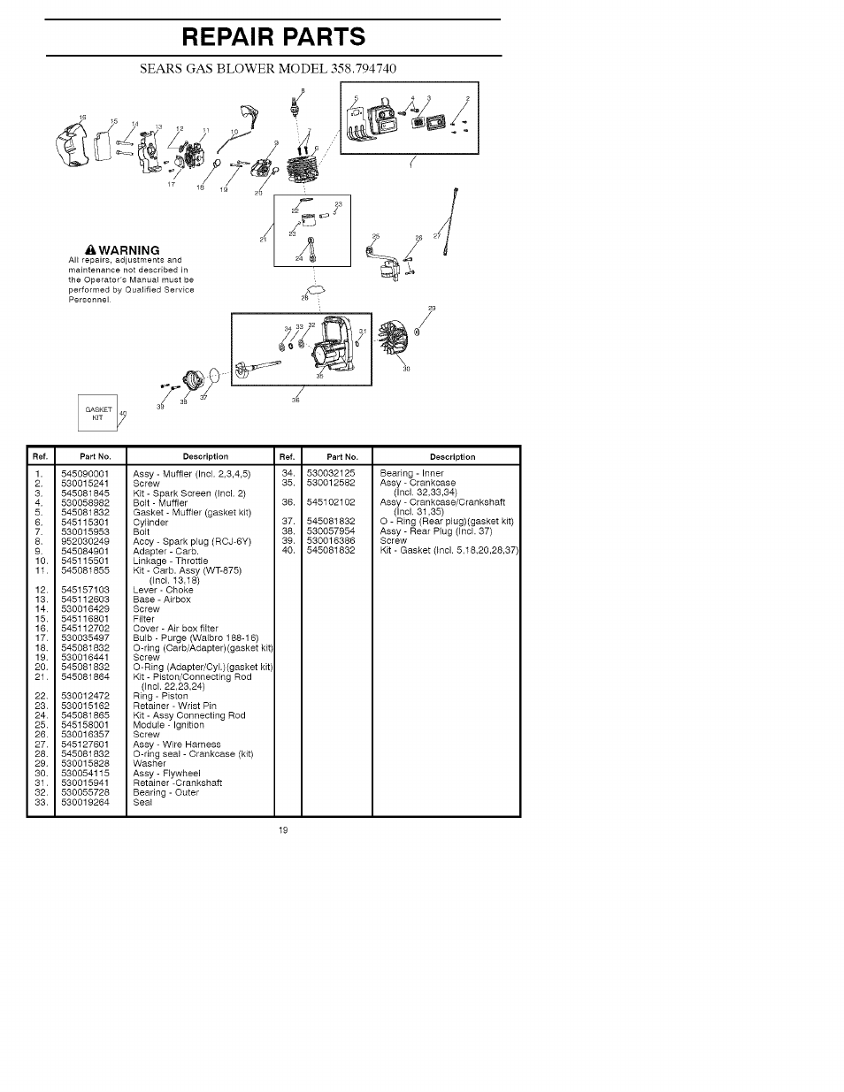 Repair parts | Craftsman 358.794740 User Manual | Page 19 / 40