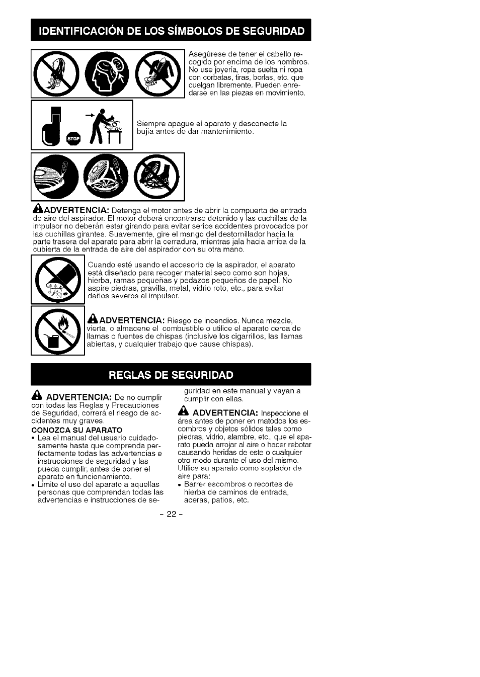 Identificacion de los simbolos de seguridad, Reglas de seguridad, Conozca su aparato | Craftsman 358.794740 User Manual | Page 22 / 40