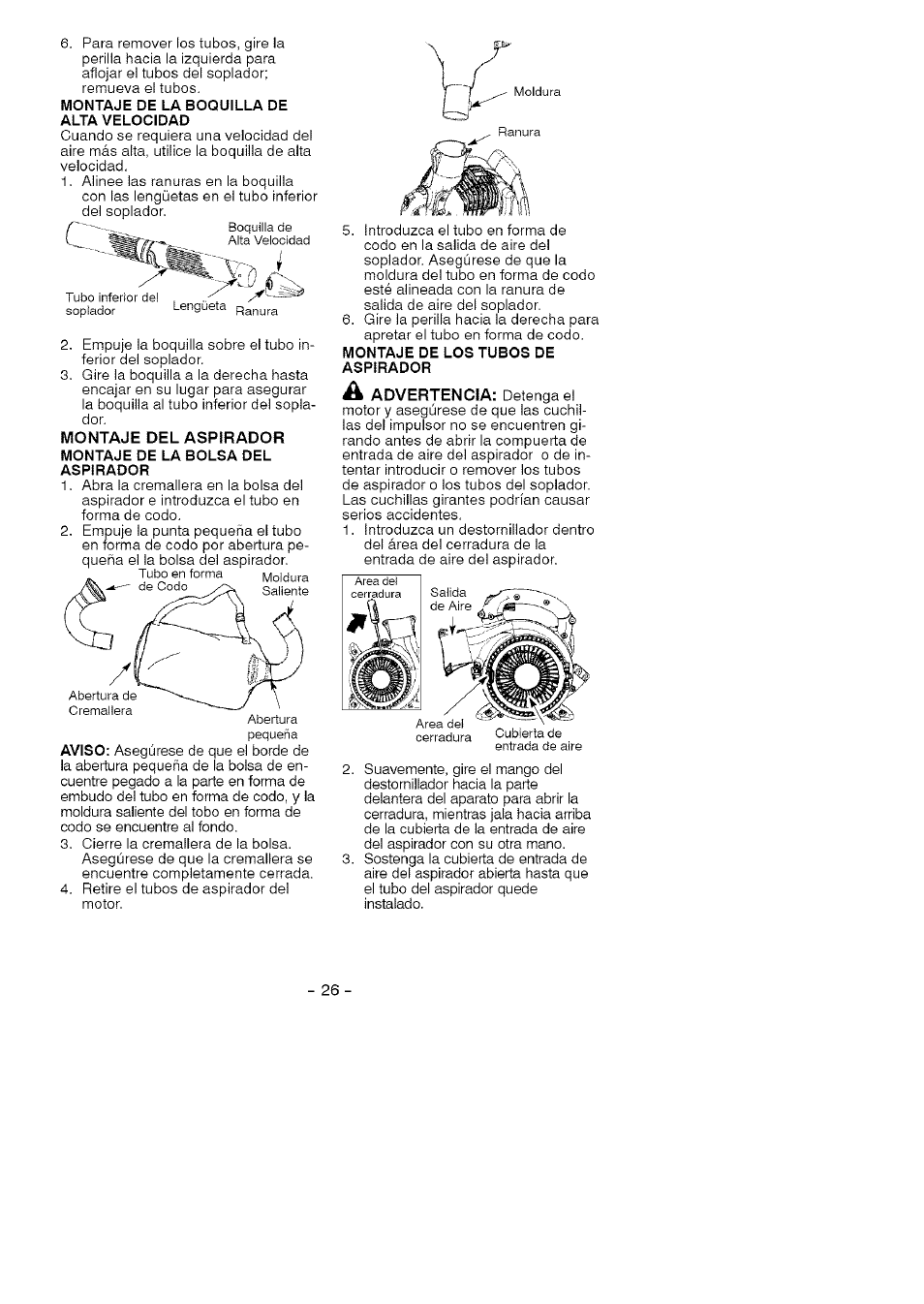 Montaje de la boquilla de, Alta velocidad, Montaje de la bolsa del | Aspirador, Montaje de los tubos de aspirador | Craftsman 358.794740 User Manual | Page 26 / 40