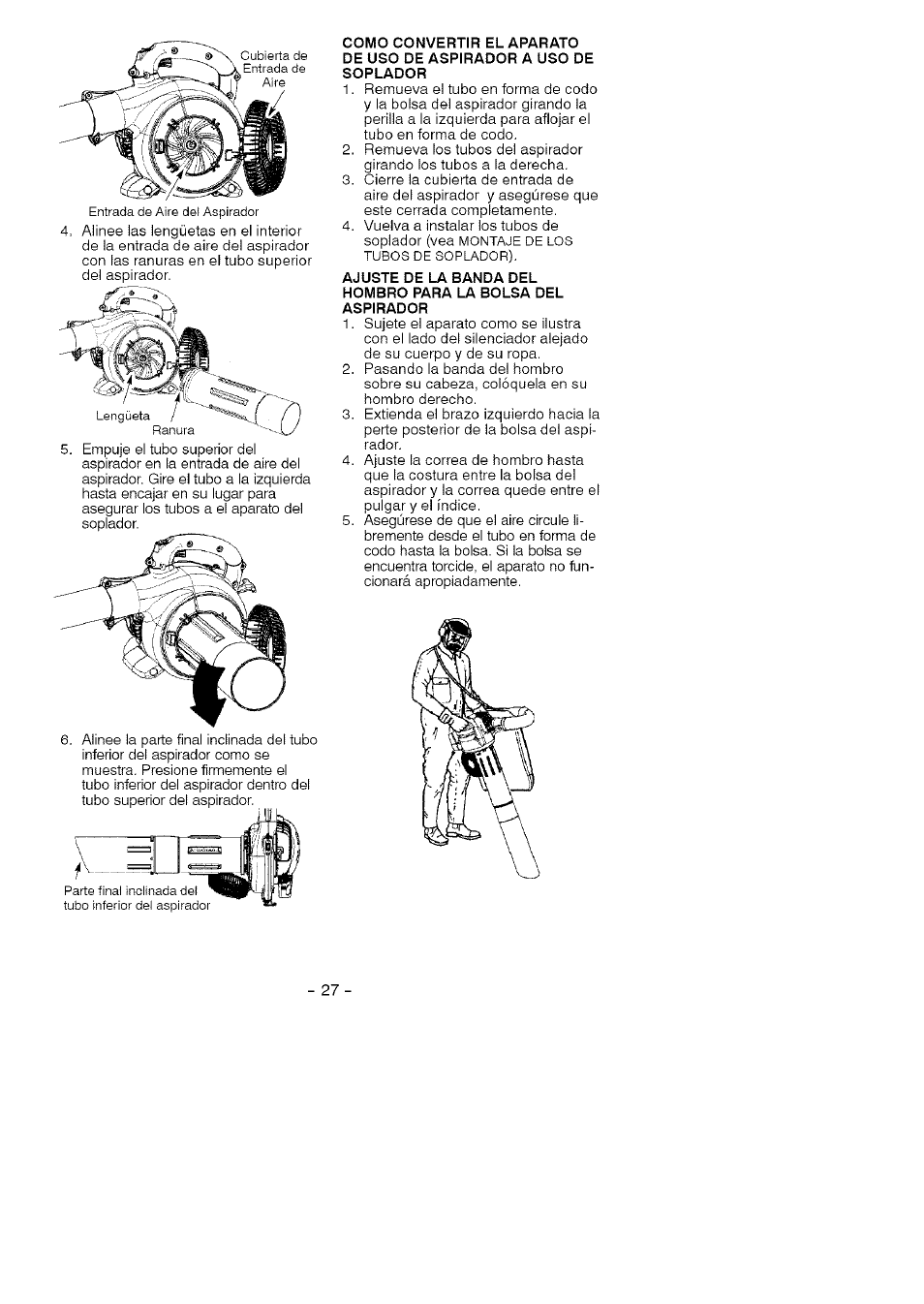 Como convertir el aparato, De uso de aspirador a uso de, Soplador | Ajuste de la banda del, Hombro para la bolsa del, Aspirador | Craftsman 358.794740 User Manual | Page 27 / 40