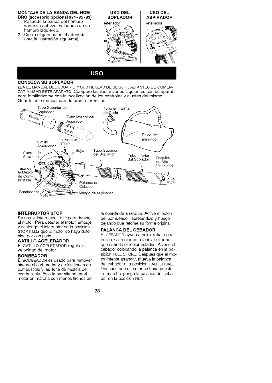 Conozca su soplador, Interruptor stop, Bombeador | Palanca del cebador | Craftsman 358.794740 User Manual | Page 28 / 40