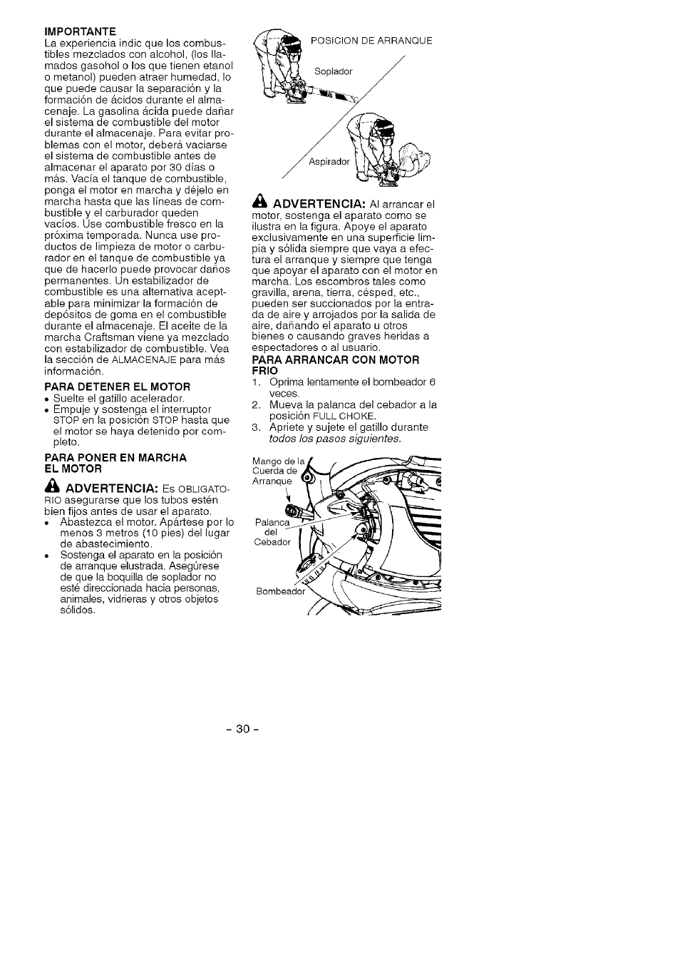 Importante, Para detener el motor, Para poner en marcha el motor | Para arrancar con motor frio | Craftsman 358.794740 User Manual | Page 30 / 40