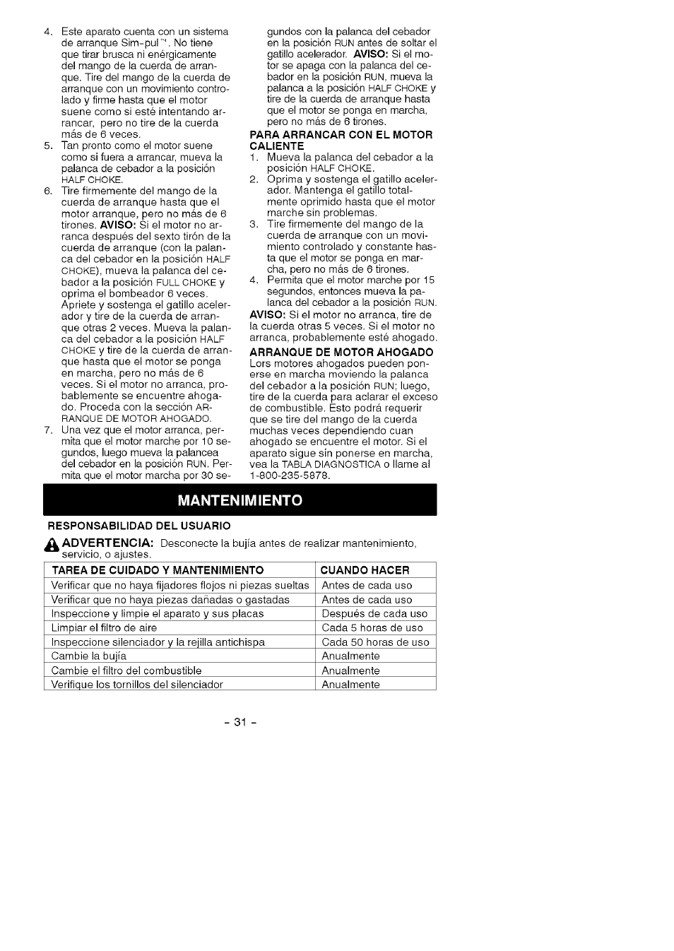 Para arrancar con el motor caliente, Arranque de motor ahogado, Mantenimiento | Responsabilidad del usuario | Craftsman 358.794740 User Manual | Page 31 / 40