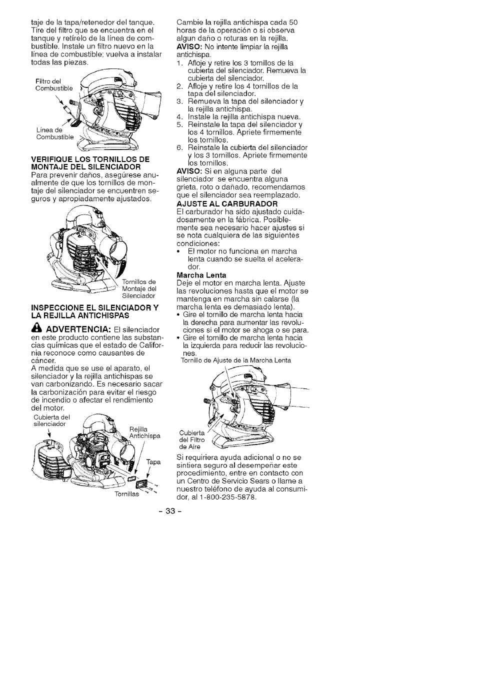 Verifique los tornillos de montaje del silenciador | Craftsman 358.794740 User Manual | Page 33 / 40