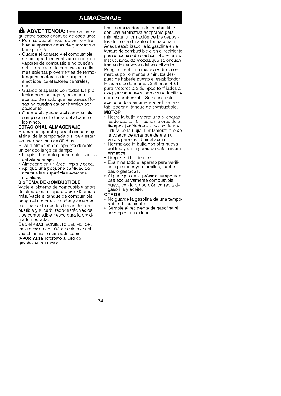 Almacenaje, Estacional almacenaje, Sistema de combustible | Otros | Craftsman 358.794740 User Manual | Page 34 / 40