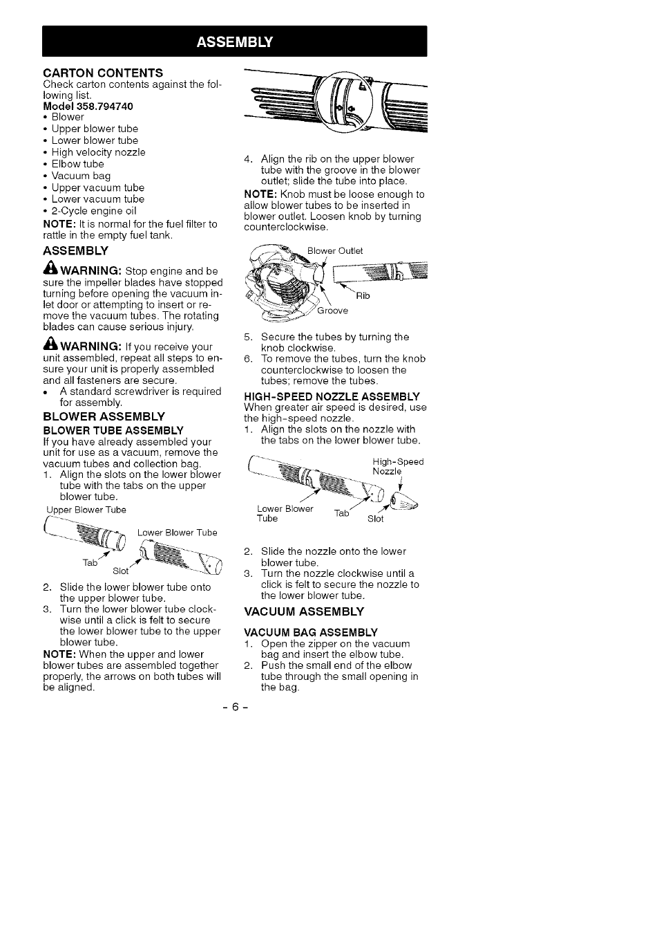 Assembly, High-speed nozzle assembly, Vacuum bag assembly | Craftsman 358.794740 User Manual | Page 6 / 40