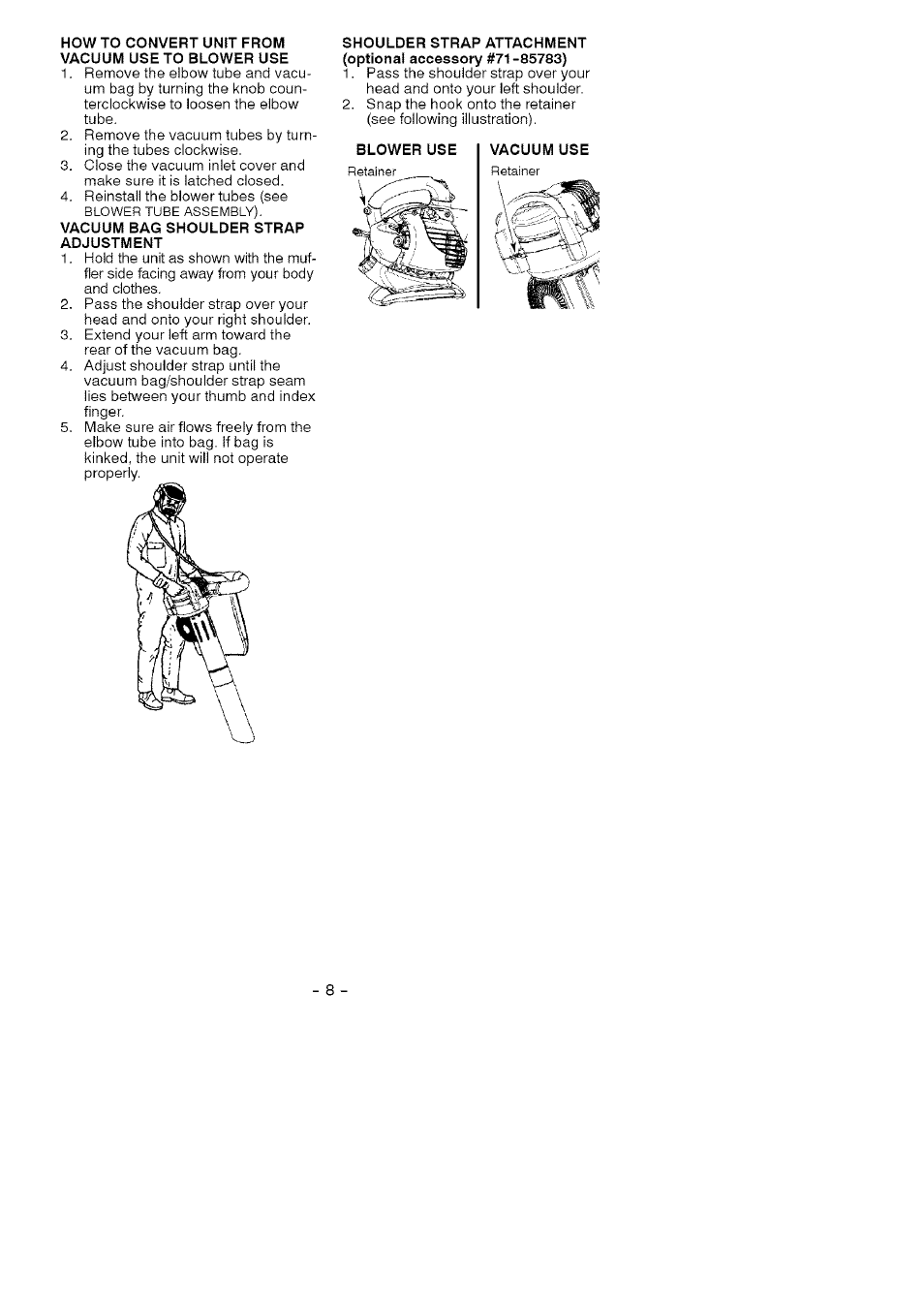 How to convert unit from, Vacuum use to blower use, Vacuum bag shoulder strap | Adjustment, Shoulder strap attachment | Craftsman 358.794740 User Manual | Page 8 / 40