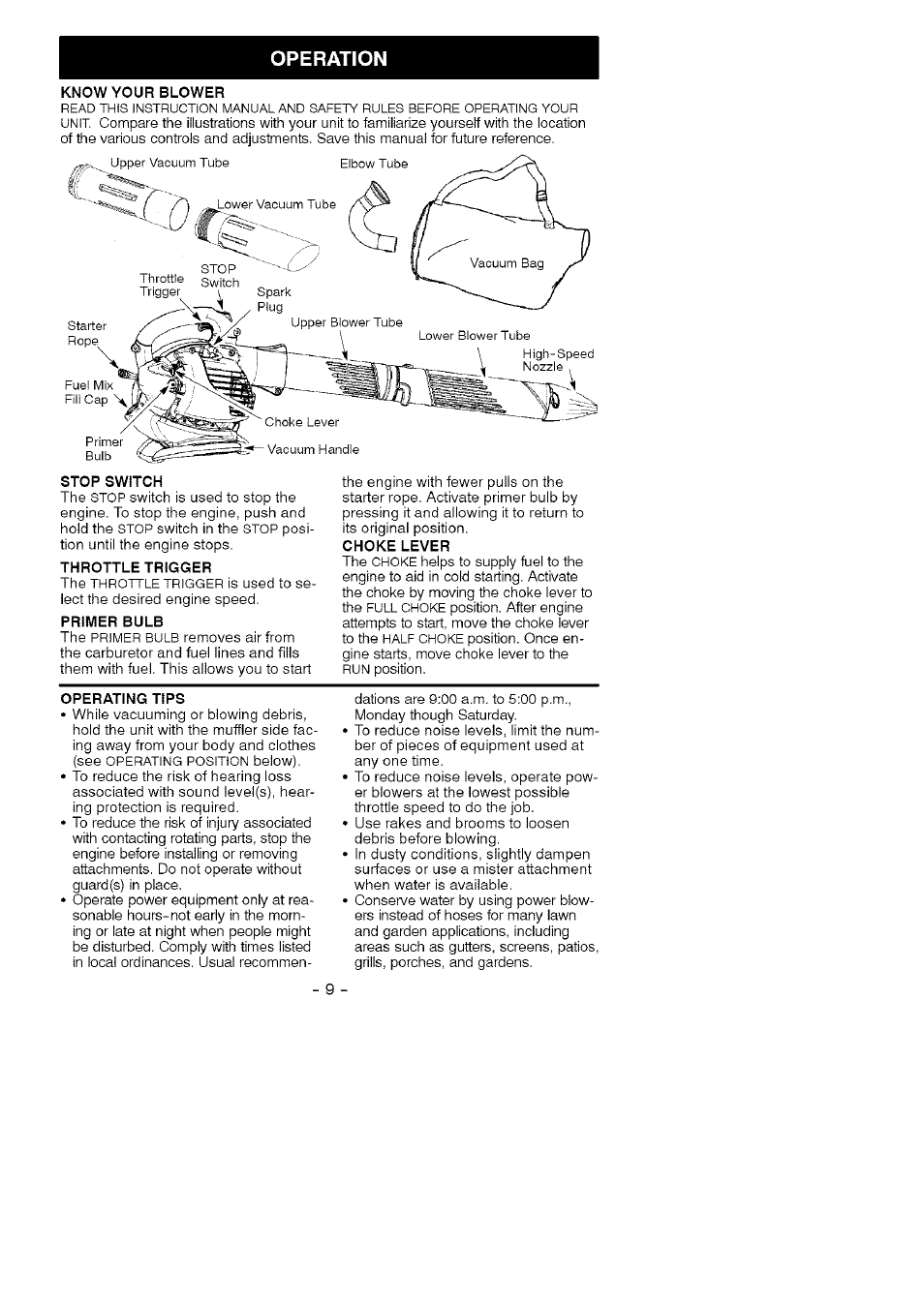 Operation, Know your blower, Stop switch | Throttle trigger, Primer bulb, Choke lever, Operating tips | Craftsman 358.794740 User Manual | Page 9 / 40