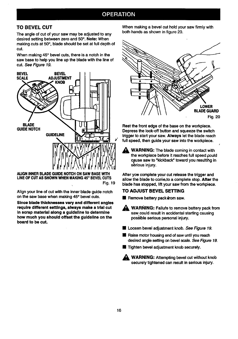 To bevel cut, To adjust bevel setting, Operation | Craftsman 315.269600 User Manual | Page 16 / 22