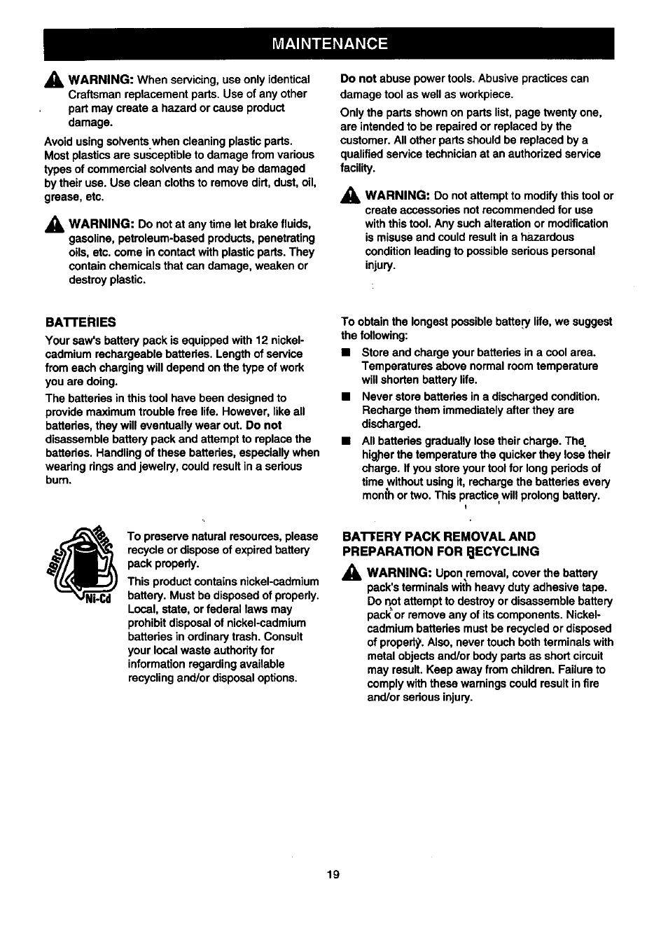 Maintenance, Batteries, Battery pack removal and preparation for recycling | Craftsman 315.269600 User Manual | Page 19 / 22