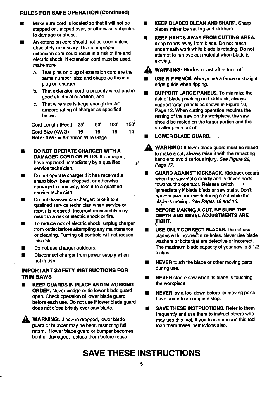 Important safety instructions for, Trim saws, Warning; blades coast after turn off | Save these instructions, C. important safety instructions for trim saws | Craftsman 315.269600 User Manual | Page 5 / 22