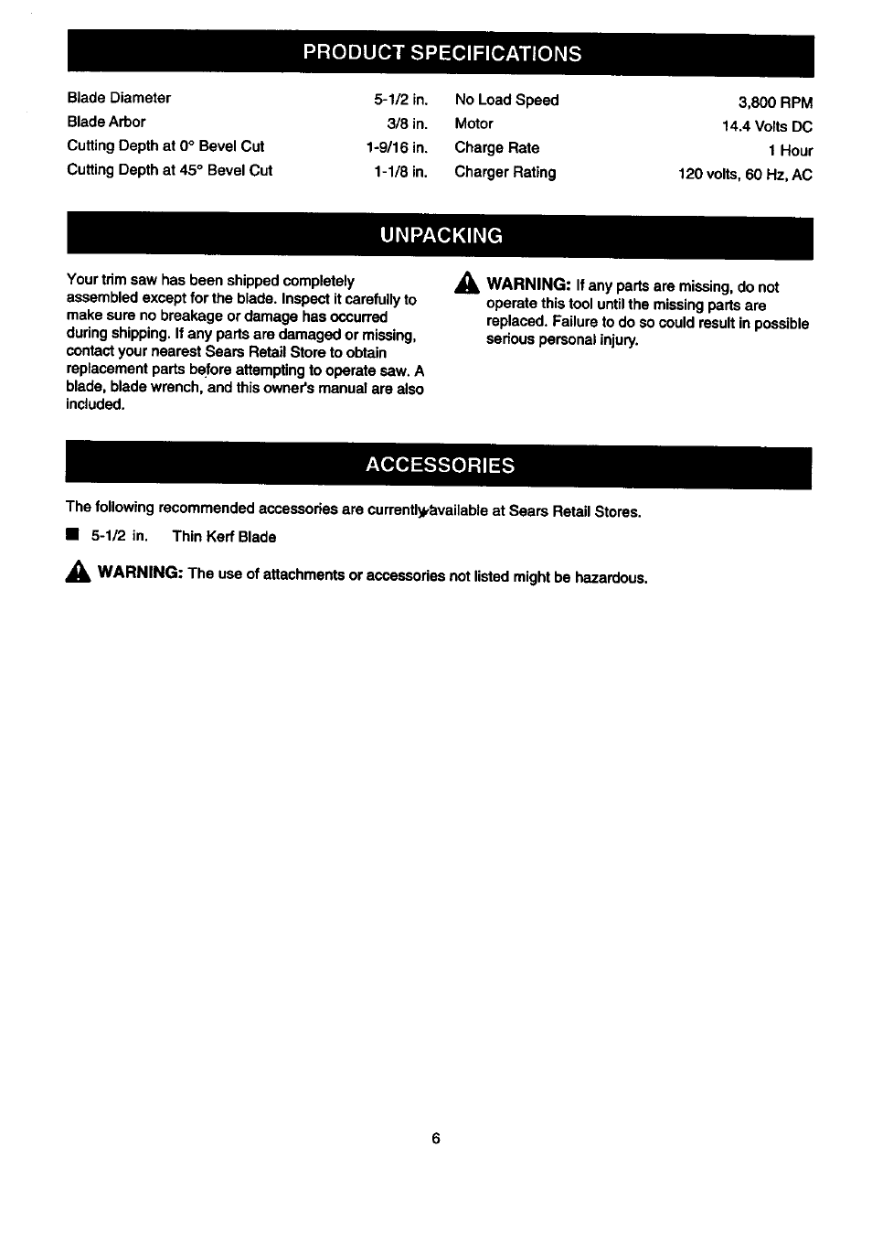 Product specifications, Unpacking, Accessories | Craftsman 315.269600 User Manual | Page 6 / 22
