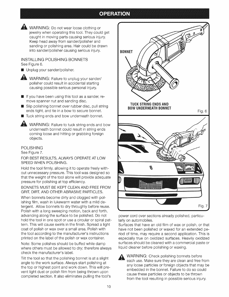 Operation, Imt. warning: do not wear loose clothing or, Installing polishing bonnets see figure 6 | Craftsman 315.115033 User Manual | Page 10 / 14