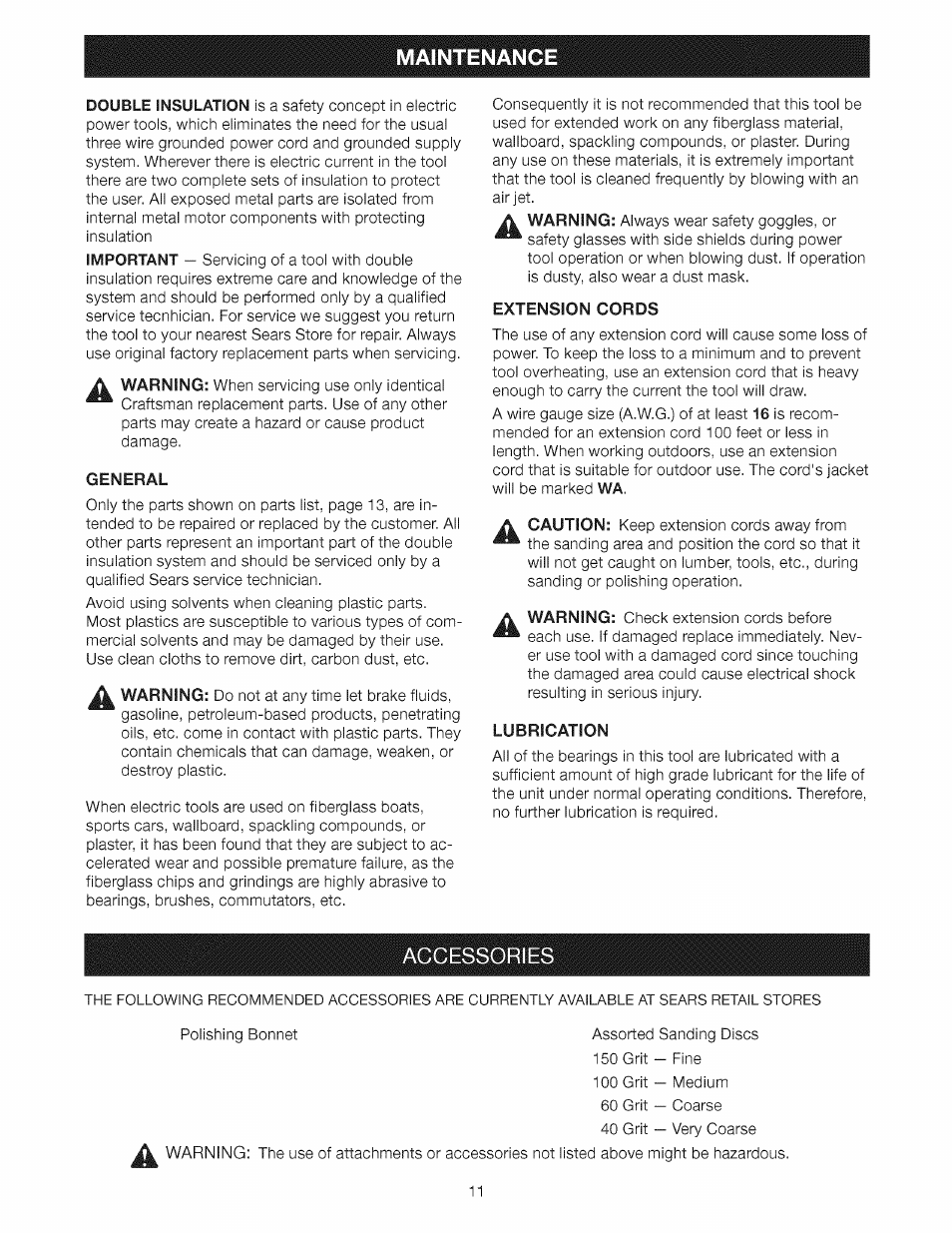 Maintenance, Double insulation, Important | Accessories | Craftsman 315.115033 User Manual | Page 11 / 14