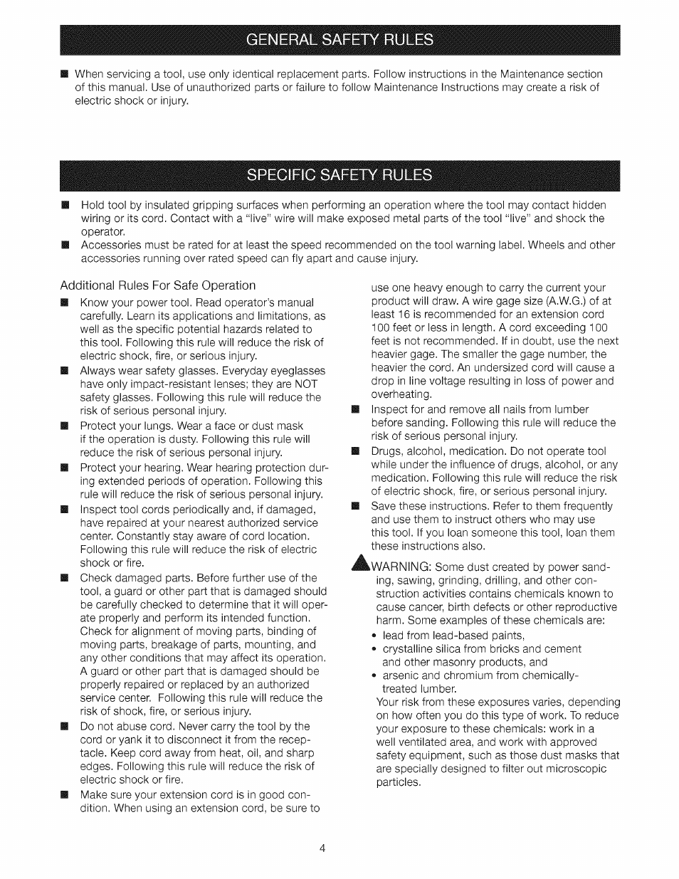 General safety rules, Specific safety rules, Warning | Craftsman 315.115033 User Manual | Page 4 / 14