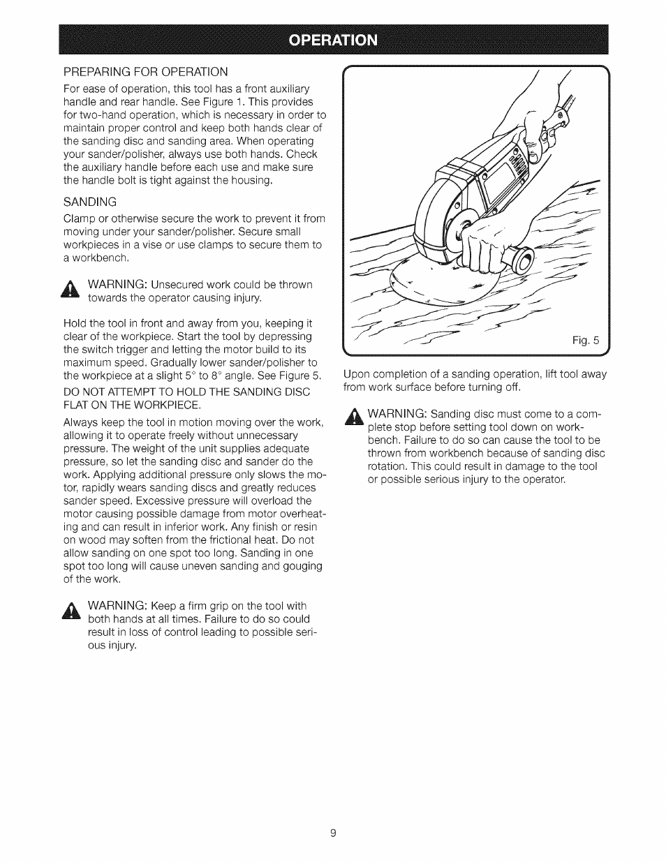Operation, Preparing for operation, Sanding | Craftsman 315.115033 User Manual | Page 9 / 14