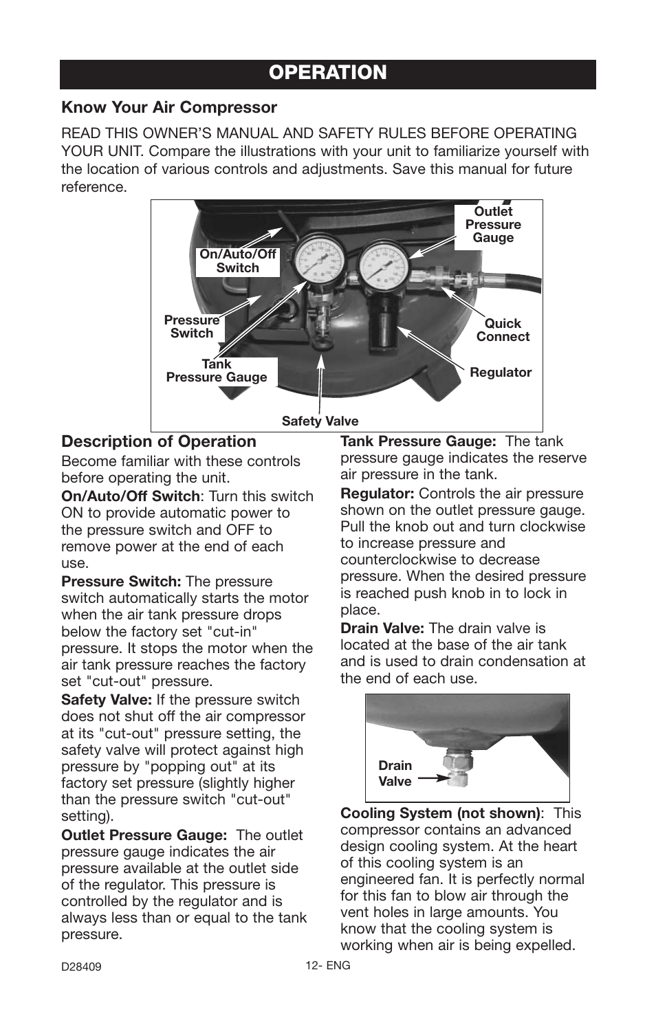 Operation, Description of operation, Know your air compressor | Craftsman 919.167362 User Manual | Page 12 / 48