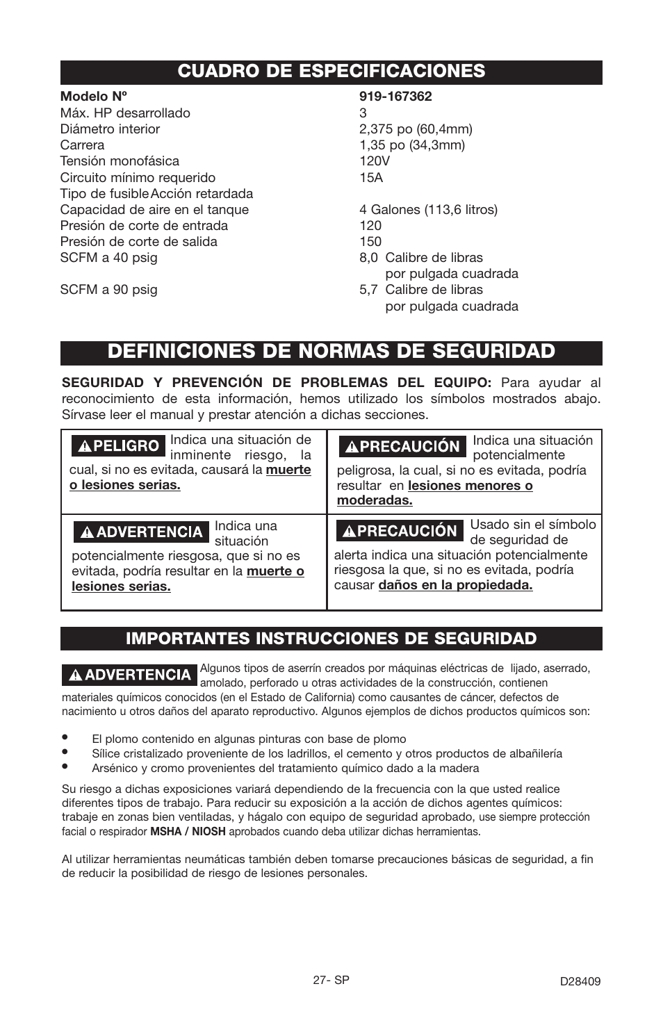Definiciones de normas de seguridad, Cuadro de especificaciones, Importantes instrucciones de seguridad | Craftsman 919.167362 User Manual | Page 27 / 48