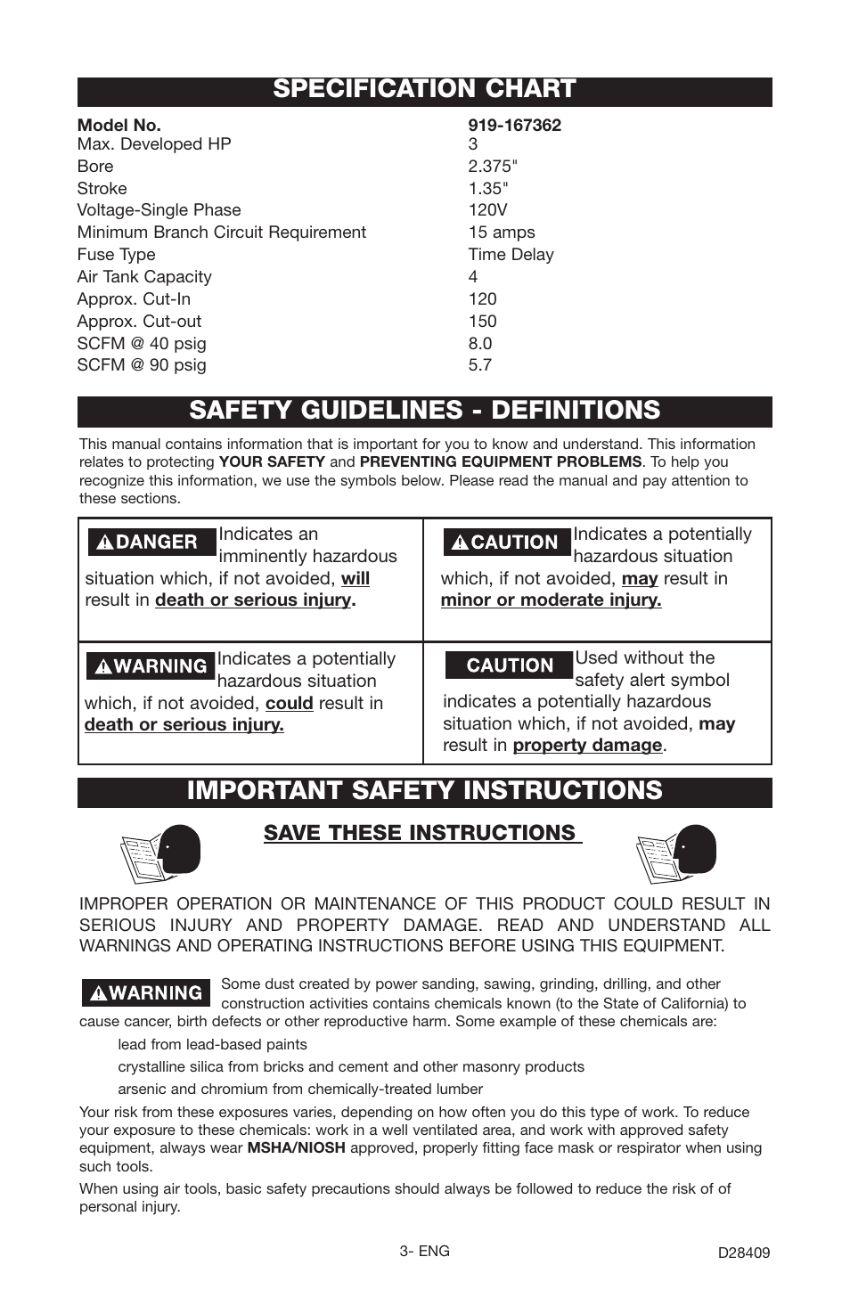 Important safety instructions, Save these instructions | Craftsman 919.167362 User Manual | Page 3 / 48