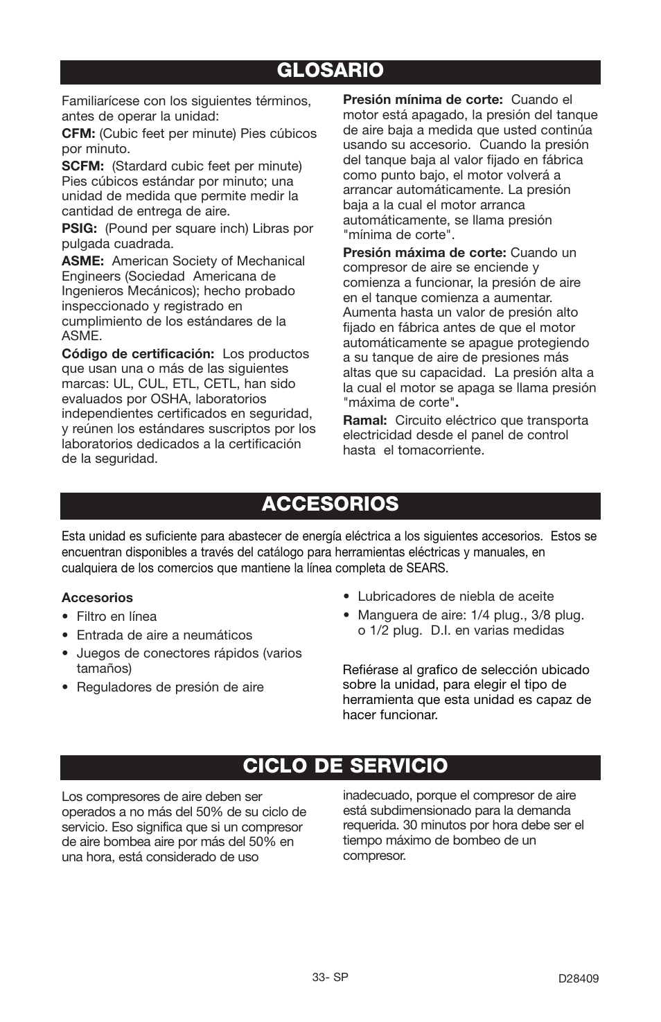 Accesorios, Glosario, Ciclo de servicio | Craftsman 919.167362 User Manual | Page 33 / 48